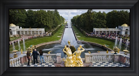 Framed Golden statue and fountain at Grand Cascade at Peterhof Grand Palace, St. Petersburg, Russia Print