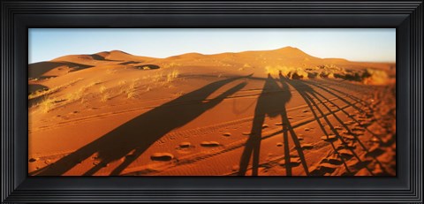 Framed Shadows of camel riders in the desert at sunset, Sahara Desert, Morocco Print