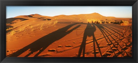 Framed Shadows of camel riders in the desert at sunset, Sahara Desert, Morocco Print