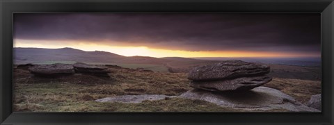 Framed Bright horizon with dark clouds from Higher Tor, Dartmoor, Devon, England Print