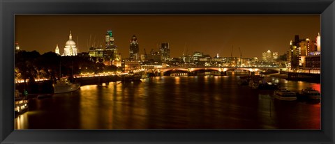 Framed View of Thames River from Waterloo Bridge at night, London, England Print