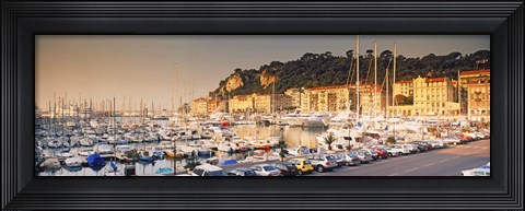 Framed Port of Nice lined by old houses and filled with new yachts, Nice, Alpes-Maritimes, Provence-Alpes-Cote d&#39;Azur, France Print