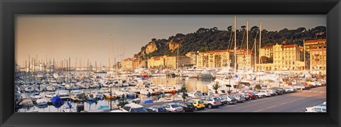 Framed Port of Nice lined by old houses and filled with new yachts, Nice, Alpes-Maritimes, Provence-Alpes-Cote d&#39;Azur, France Print