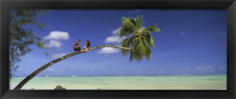 Framed Couple on trunk of a palm tree on the beach, Aitutaki, Cook Islands Print