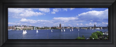 Framed Sailboats in a lake with the city hall in the background, Riddarfjarden, Stockholm City Hall, Stockholm, Sweden Print