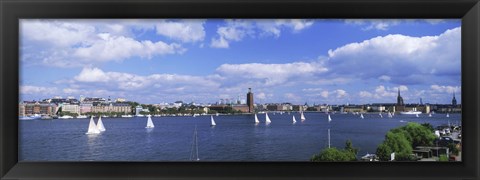 Framed Sailboats in a lake with the city hall in the background, Riddarfjarden, Stockholm City Hall, Stockholm, Sweden Print