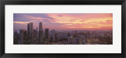 Framed High angle view of a city at sunset, Singapore City, Singapore Print