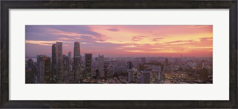 Framed High angle view of a city at sunset, Singapore City, Singapore Print