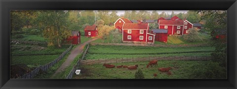 Framed Traditional red farm houses and barns at village, Stensjoby, Smaland, Sweden Print