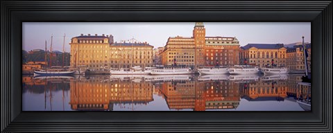 Framed Ferries and Sailboats moored at a harbor, Nybroviken, SAS Radisson Hotel, Stockholm, Sweden Print
