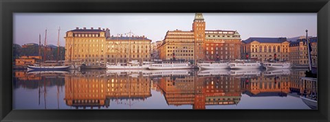 Framed Ferries and Sailboats moored at a harbor, Nybroviken, SAS Radisson Hotel, Stockholm, Sweden Print