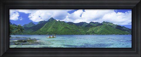 Framed Polynesian people rowing a yellow outrigger boat in the bay, Opunohu Bay, Moorea, Tahiti, French Polynesia Print