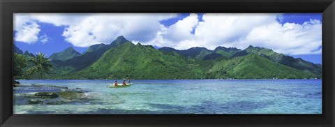 Framed Polynesian people rowing a yellow outrigger boat in the bay, Opunohu Bay, Moorea, Tahiti, French Polynesia Print