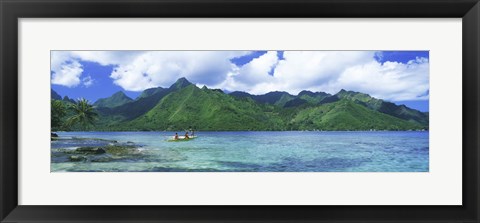 Framed Polynesian people rowing a yellow outrigger boat in the bay, Opunohu Bay, Moorea, Tahiti, French Polynesia Print