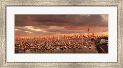 Framed Yachts at Waitemata Harbor on a cloudy day, Sky Tower, Auckland, North Island, New Zealand Print