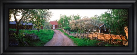 Framed Dirt road leading to farmhouses, Stensjoby, Smaland, Sweden Print