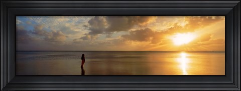 Framed Woman standing on sandbar looking at sunset, Aitutaki, Cook Islands Print