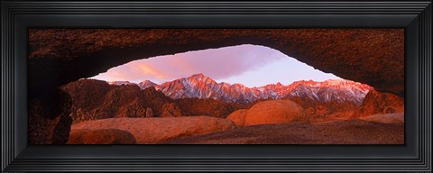 Framed Rock formations with mountains in the background, Mt Whitney, Lone Pine Peak, California, USA Print