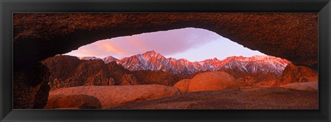 Framed Rock formations with mountains in the background, Mt Whitney, Lone Pine Peak, California, USA Print