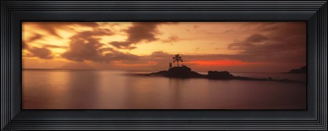 Framed Silhouette of a palm tree on an island at sunset, Anse Severe, La Digue Island, Seychelles Print