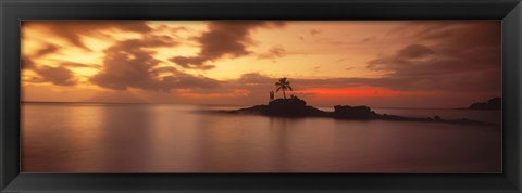 Framed Silhouette of a palm tree on an island at sunset, Anse Severe, La Digue Island, Seychelles Print