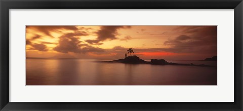 Framed Silhouette of a palm tree on an island at sunset, Anse Severe, La Digue Island, Seychelles Print