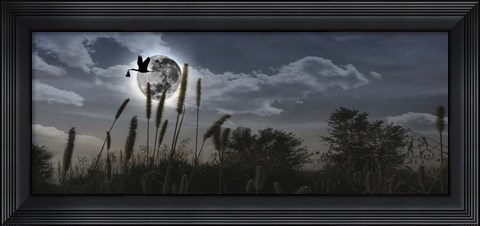 Framed Stork flying with baby in beak over moon Print
