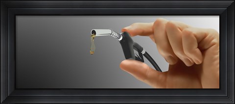 Framed Person's hand holding gas pump Print