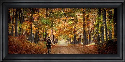Framed Kid with backpack walking in fall colors Print