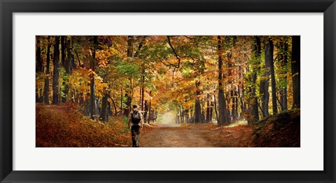 Framed Kid with backpack walking in fall colors Print