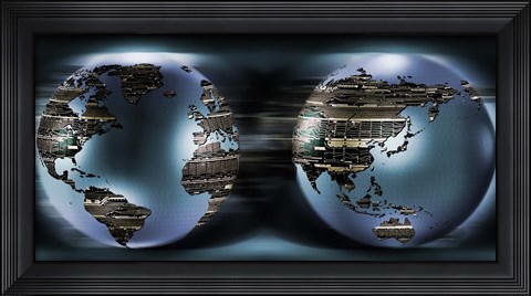 Framed Two sides of earths made of digital circuits Print