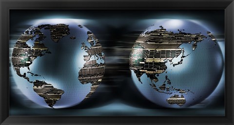 Framed Two sides of earths made of digital circuits Print