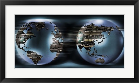 Framed Two sides of earths made of digital circuits Print
