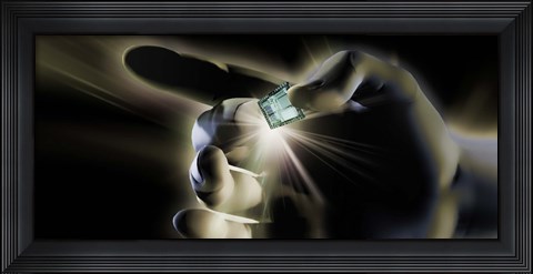 Framed Close-up of a person&#39;s hand holding micro chip Print