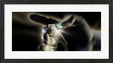 Framed Close-up of a person&#39;s hand holding micro chip Print