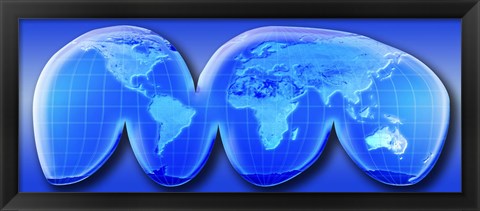 Framed Map of World from Goode&#39;s Homolosine Projection (blue) Print