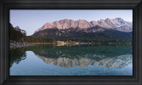 Framed Wetterstein Mountains, Zugspitze Mountain and Eibsee Hotel reflecting in Lake Eibsee, Bavaria, Germany Print