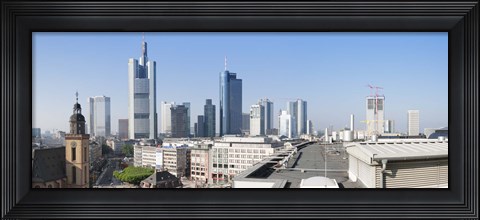 Framed City skyline with St. Catherine&#39;s Church from over the rooftop of the Cathedral Museum, Frankfurt, Hesse, Germany Print