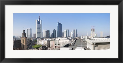 Framed City skyline with St. Catherine&#39;s Church from over the rooftop of the Cathedral Museum, Frankfurt, Hesse, Germany Print