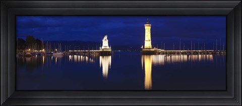 Framed Harbor at Night, Lindau, Lake Constance, Bavaria, Germany Print