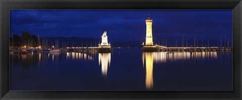 Framed Harbor at Night, Lindau, Lake Constance, Bavaria, Germany Print