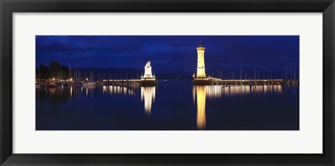 Framed Harbor at Night, Lindau, Lake Constance, Bavaria, Germany Print