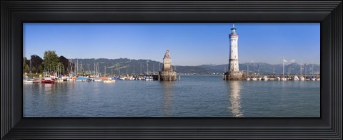 Framed Entrance of the harbor with the Bavarian lion and the lighthouse, Lindau, Lake Constance, Bavaria, Germany Print