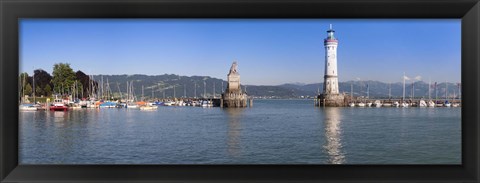 Framed Entrance of the harbor with the Bavarian lion and the lighthouse, Lindau, Lake Constance, Bavaria, Germany Print