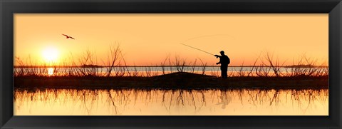 Framed Silhouette of a man fishing Print