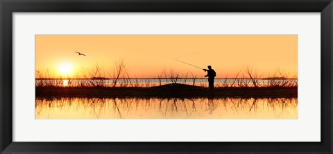 Framed Silhouette of a man fishing Print