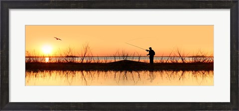 Framed Silhouette of a man fishing Print