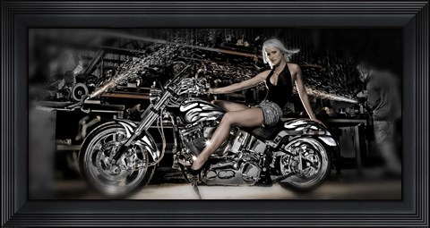 Framed Female model with a motorcycle in a workshop Print