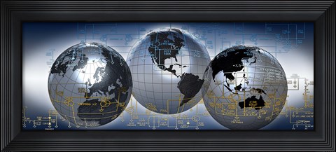 Framed Three globes with electronic diagram Print