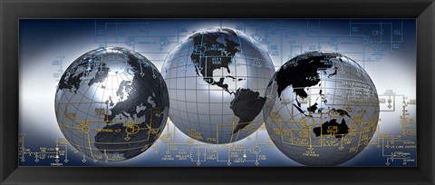 Framed Three globes with electronic diagram Print